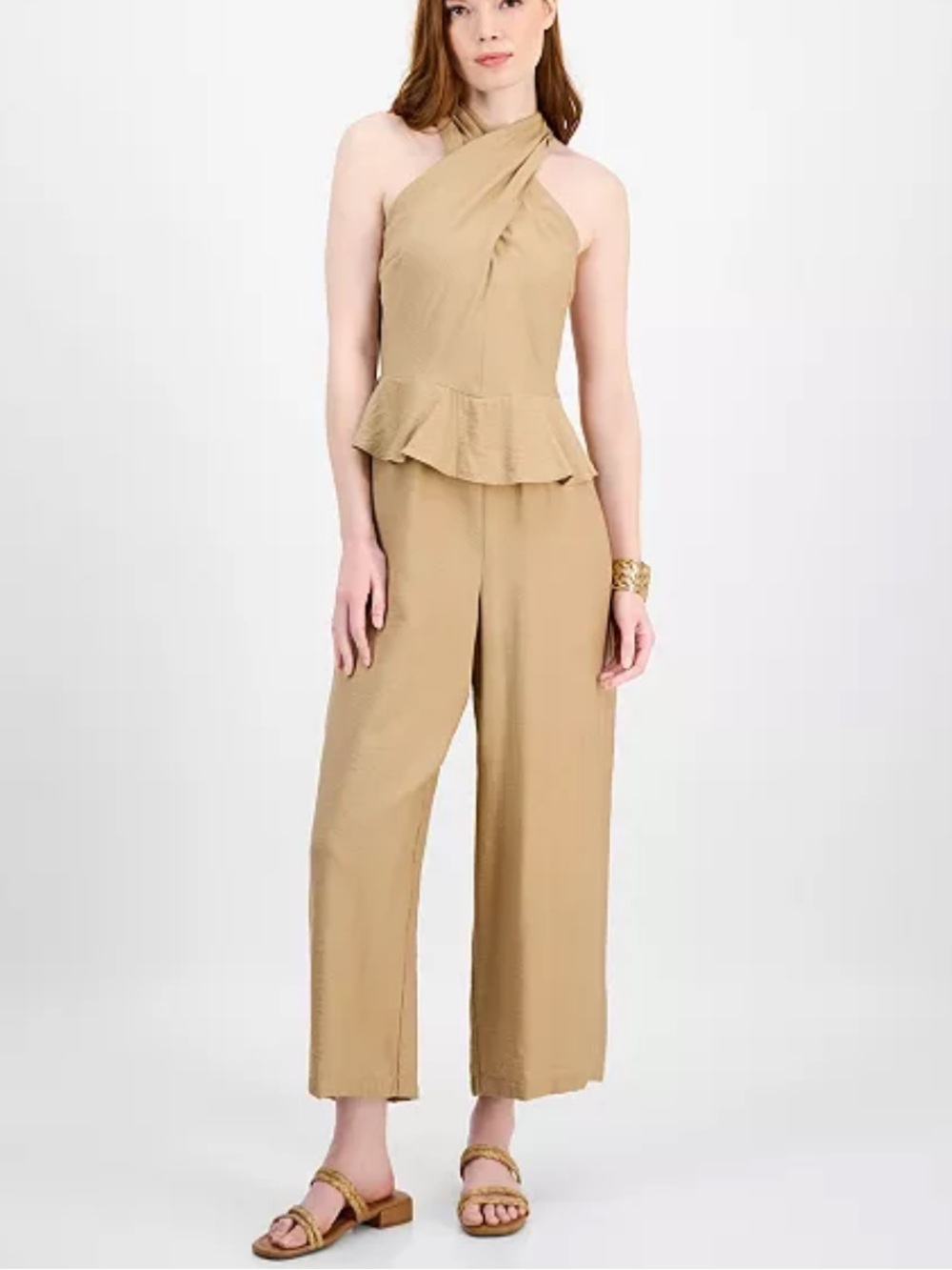 Tommy Hilfiger Tan Halter Peplum Wide-Leg Jumpsuit Size 6